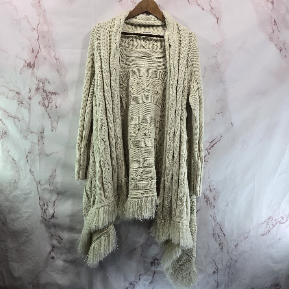 Boston Proper Cardigan Womens Small Cream Off White Cable Long Fringe Sweater